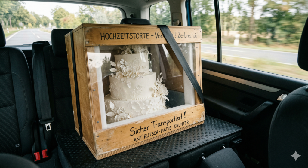 Hochzeitstorte transportieren – sichere Box und Anti-Rutsch-Matte